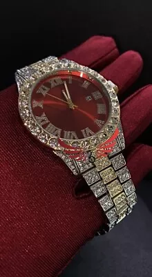 Designer Watch Iced Out Mens Women’s Silver Gold Bling Diamond Shine Red Face • £24.99