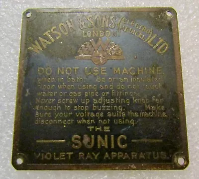 SUNIC VIOLET RAY APPARATUS - Vintage Brass Sign / Plaque - Watson & Sons Electro • $49.18