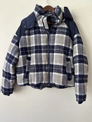 ZARA Puffer Plaid Jacket With Hood Woman's M Winter Coat Blue And Gray • $35