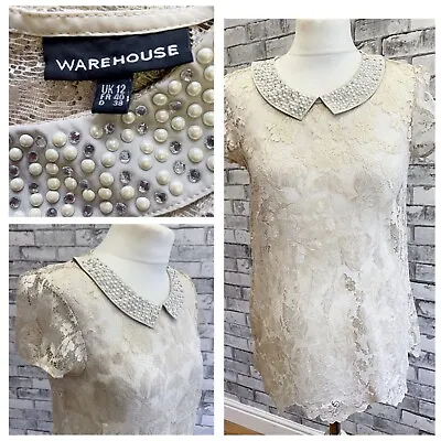 Warehouse Top Size 10 12 Cream Beige Lace Sheer Pearl Silver Sequin Collar Party • £7.95