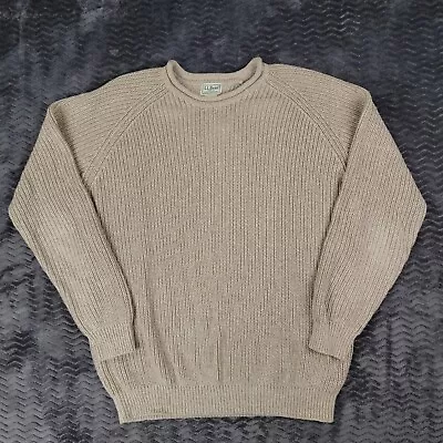 Vintage LL Bean Roll Neck Fisherman Sweater Mens Large Tall Beige Cotton Knit • $53.81