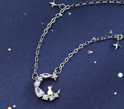 £3.49 • Buy Women Moon Star Cat Pendant Chain Necklace 925 Sterling Silver Jewellery Gift UK