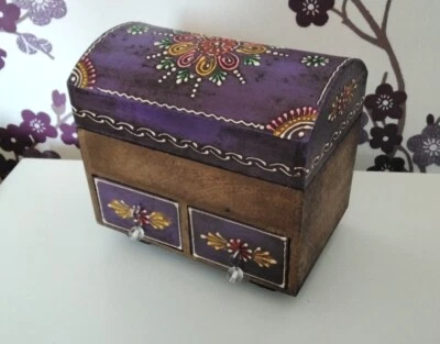 £12 • Buy Indian Rustic Hand Decorated Wood Jewellery Trinket Keepsake Box With Drawers