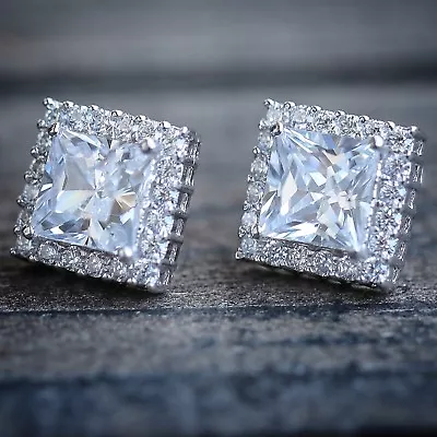 White Gold Plated Silver Unisex Square Micro Pave Cz Stud Earrings • $13.99