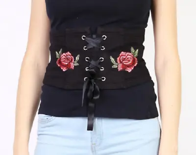 Black Waist Cinch Belt Rockabilly Pinup Corset Waspie Rose Embroidery BNWT S/M • £13.49
