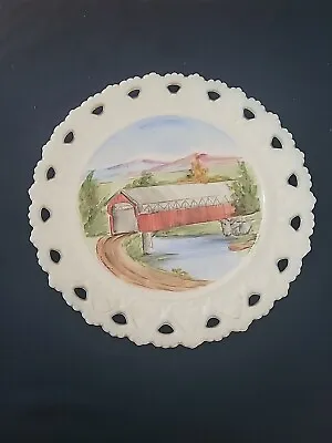 Kemble Milk Glass Handpainted Covered Bridge Plate • $10