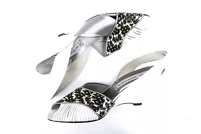 1980s Via Spiga Snakeskin Wedge Shoes Sandal Heel Peeptoe White Silver Size 8.5 • $95