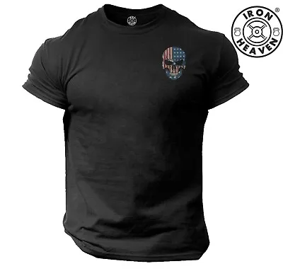 American Skull T Shirt Pocket Gym Clothing Bodybuilding Training Workout Men Top • £10.11