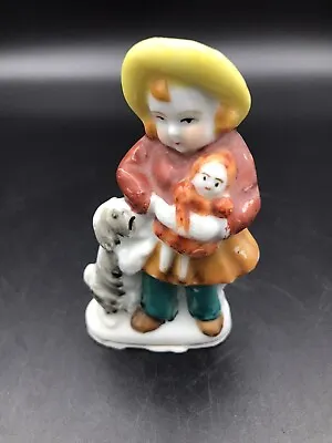 Vintage 3.5”  Porcelain Figurine Of Girl W/ Doll & Dog - Made In Occupied Japan • $14
