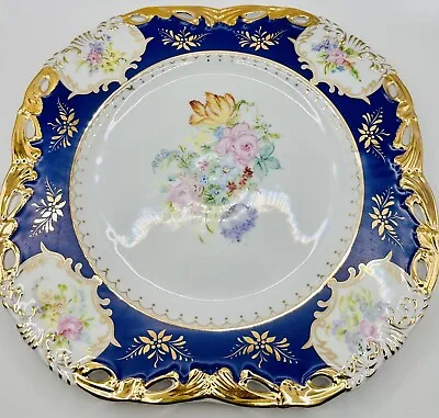 $44.99 • Buy Vintage Hand Painted Gold Cobalt Blue Rose Floral Rococo Cake Serving Open Plate