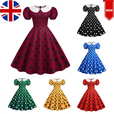 Womens Retro Polka Dot Swing Dress 50s 60s Rockabilly Cocktail Eveining Party UK • £17.89