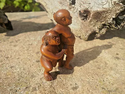 Hand Carved Wood Netsuke Sumo Pair Ready To Fight Collectable Boxwood Figure • £34.99