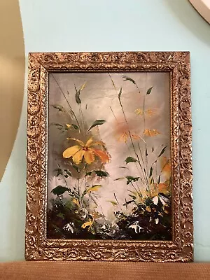 Vintage MCM Oil Painting On Canvas Gold Wood Antique Frame Wildflowers Signed  • $99.99