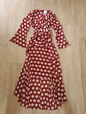 GORGEOUS C/MEO COLLECTIVE SEMI SHEER RED W WHITE DOTS BELTED LONG DRESS SIZE S • $40