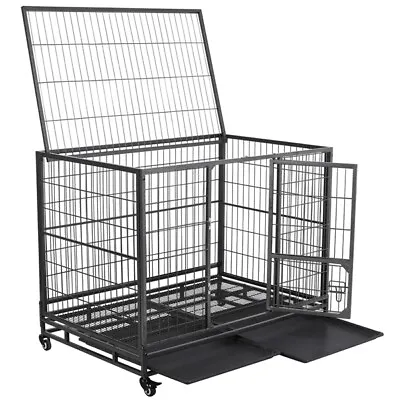 $152.88 • Buy 43  Large Metal Dog Crate Folding Kennel Heavy Duty Cage W/ Wheels & Tray Black 