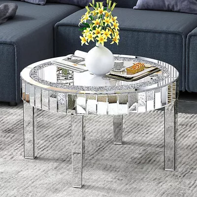 60cmSparkly Crystal Inlay Mirrored Coffee Table Modern Round Silver Accent Table • $179.92