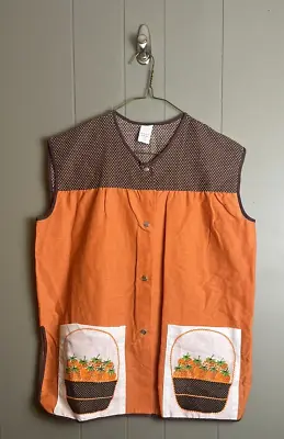 Vtg Kitchen Work Smock Apron Snap Up Front 2 Pockets Orange Brown Strawberry • $11.99