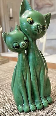 Vintage Ceramic Siamese Cat Statue Green MCM Mom/Baby Cat • $15