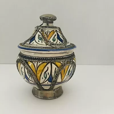 Vintage Moroccan Ceramic Jar/Vase/Urn With Lid Hand Painted W/ Silver Filigree  • $79.99