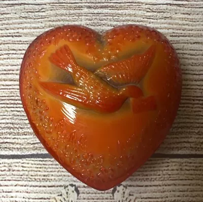 Vintage MOSSER Orange Slag Glass Ring Trinket Lid Box Heart Swallow Bird Letter  • $44.99