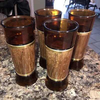 Vintage MCM Set Of 4 Siesta Ware Tiki Bar  Brown Glasses Mahogany Wood Wrapped • $20