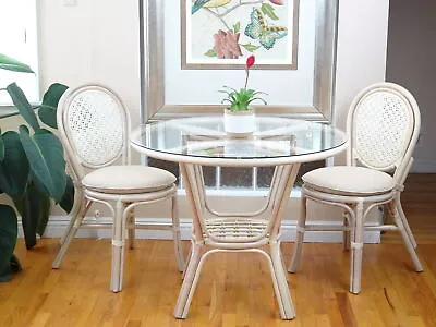 Denver Dining Set Of 2 Rattan Side Chairs And Round Table With Glass White Wash • $982.50