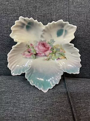 Vintage Leuchtenburg Germany Leaf Shaped Candy Trinket Dish Pink Roses • $13.40