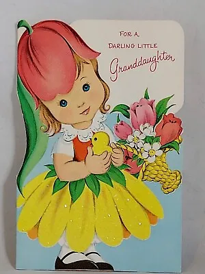 Girl Petal Hat Glittery Petal Skirt Holding Chick Flower Basket VTG Easter Card • $5.50