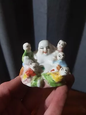 Vintage Porcelain Laughing Buddha Figurine With Five Children Small  • £16