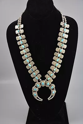 Vintage Navajo Squash Blossom Necklace Nickel Silver Good Turquoise - 27.5  Long • $525