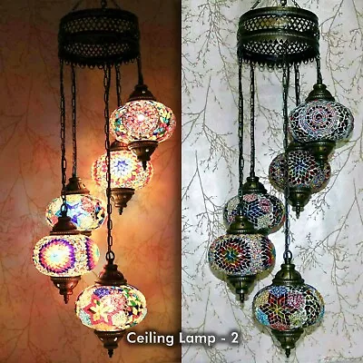 Turkish Moroccan Glass Mosaic Hanging Ceiling Pendant Lamp Light 5 Large Globe • $338.99