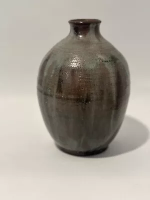 Vintage Art Pottery Vase With Brown And Teal Glaze Signed • $14