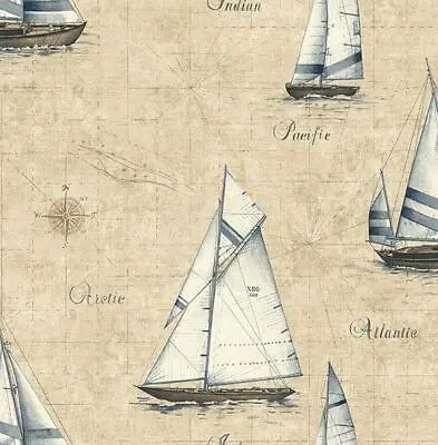 Wallpaper Nautical Off White Blue Sailing Ships On Cream Map  56 Sq Ft Bolt • $37.49