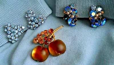 Rare  Austria  Blue Rhinestone Clip Earrings & Amber Rhinestone Fruit Brooch • $50