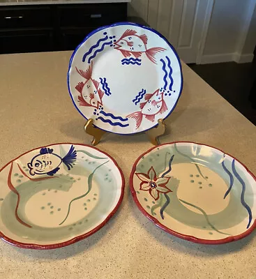 3 Solimene Vietri Plates Sea Fish And Floral Hand Painted Made In Italy 10'' • $17.90