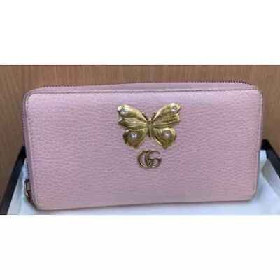 GUCCI GG Marmont Butterfly Wallet Round Zip Pink Used JAPAN • $179.98