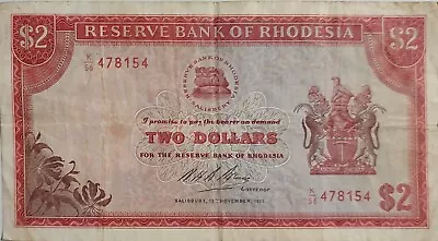 Rhodesia 2 Dollars Banknote 1971 - Rare Key Date / Year • £19