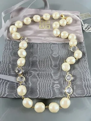 GIVENCHY Vintage Gold Tone 12.3mm Faux Baroque Pearls Crystal Necklace 24” • $49.50