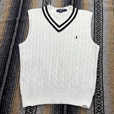 Vintage Polo Sport Ralph Lauren Cable Knit Sweater Vest Tennis Cricket Prep MED • $39.99