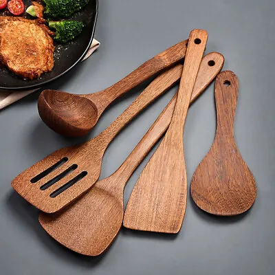 $13.82 • Buy 1/5PCS Wood Spoon Wooden Spatula Spoon Kitchen Cooking Utensils Tools Turner Set