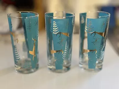 Lot Of 3 Vintage Reindeer And Star Gold And Blue Glasses MCM Highball Tumbler • $23.99