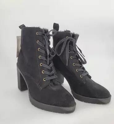 H&M Boots Womens Size 9.5 Black Faux Fur Lace Up High Heel New • $12