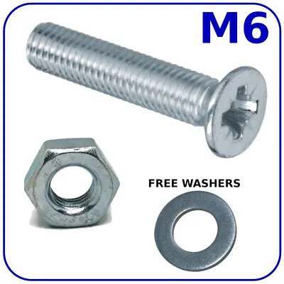 BOLTS AND NUTS M6 (6mm) MACHINE SCREWS COUNTERSUNK ZINC PLATED FREE WASHERS • £2.59