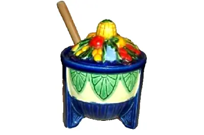 Art Deco Majolica Jam Jelly Jar Japan Hp Bold Colors Deco Designs Vegetables Lid • $46.99
