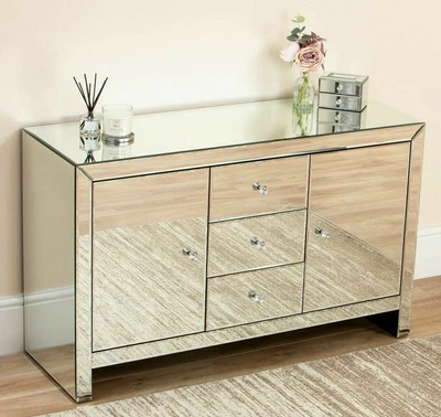 £299.99 • Buy Venetian Mirrored Sideboard 3 Drawers 2 Doors Storage Large Mirror Cabinet