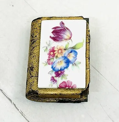 Mini Gold Leather Vintage Porcelain Matchbox Holder With Hand Painted Flowers • $8.50