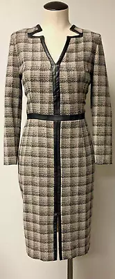 Carolina Herrera Brown & Blush Pink Plaid V Neck Long Sleeve Pencil Dress Sz 8 • £152.03