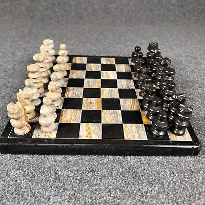 Vintage Onyx Marble Chess Board Granite 7.5” Black Brown Beige Stone Mexican • $21.59