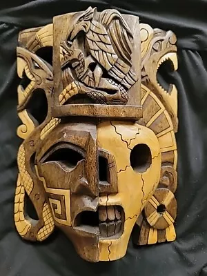 Mexican Art Mayan Aztec Mask Carved Wood Decor Wall Mount Snake Jaguar Skull • $39.95