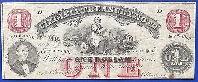 Obsolete Currency - One Dollar Virginia Treasury Note 1862 Better Grade #73610 • $49.99